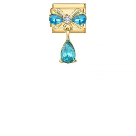 Picture of 1 Piece 304 Stainless Steel Exquisite Italian Charm Links For DIY Modular Bracelet Watch Jewelry Making, Rectangle Bowknot Blue Rhinestone Gold Plated - Wholesale, 10mm x 9mm