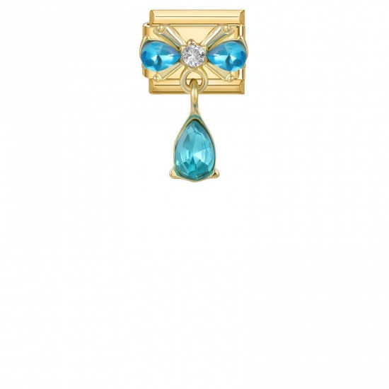 Picture of 1 Piece 304 Stainless Steel Exquisite Italian Charm Links For DIY Modular Bracelet Watch Jewelry Making, Rectangle Bowknot Blue Rhinestone Gold Plated - Wholesale, 10mm x 9mm