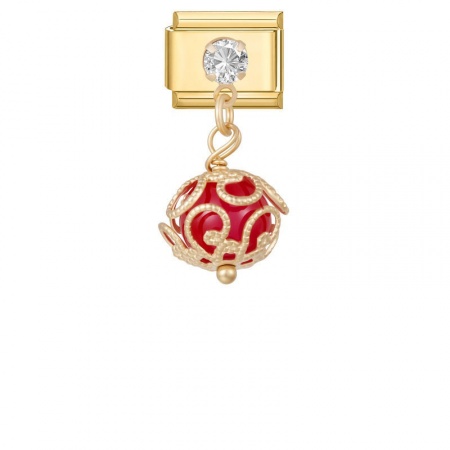Picture of 1 Piece 304 Stainless Steel Exquisite Italian Charm Links For DIY Modular Bracelet Watch Jewelry Making, With Zinc Alloy Pendant Ball Red Beaded Clear Rhinestone Gold Plated - Wholesale, 10mm x 9mm