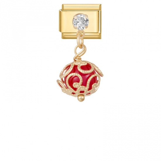 Picture of 1 Piece 304 Stainless Steel Exquisite Italian Charm Links For DIY Modular Bracelet Watch Jewelry Making, With Zinc Alloy Pendant Ball Red Beaded Clear Rhinestone Gold Plated - Wholesale, 10mm x 9mm