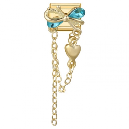 Picture of 1 Piece 304 Stainless Steel Exquisite Italian Charm Links For DIY Modular Bracelet Watch Jewelry Making, Rectangle Bowknot Green Blue Rhinestone Gold Plated - Wholesale, 10mm x 9mm