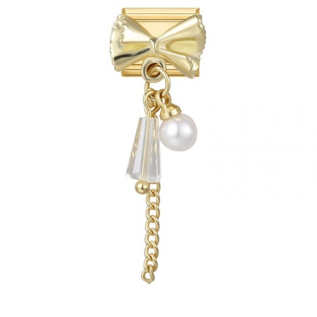 Picture of 1 Piece 304 Stainless Steel Exquisite Italian Charm Links For DIY Modular Bracelet Watch Jewelry Making, Rectangle Bowknot White Imitation Pearl Gold Plated - Wholesale, 10mm x 9mm