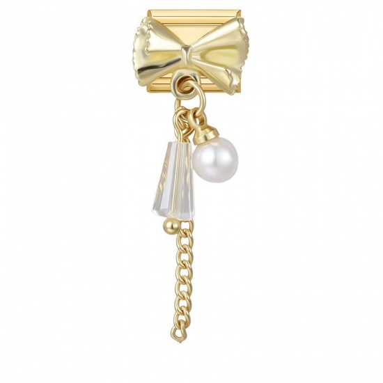 Picture of 1 Piece 304 Stainless Steel Exquisite Italian Charm Links For DIY Modular Bracelet Watch Jewelry Making, Rectangle Bowknot White Imitation Pearl Gold Plated - Wholesale, 10mm x 9mm