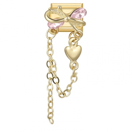 Picture of 1 Piece 304 Stainless Steel Exquisite Italian Charm Links For DIY Modular Bracelet Watch Jewelry Making, Rectangle Bowknot Pink Rhinestone Gold Plated - Wholesale, 10mm x 9mm