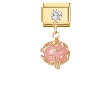Picture of 1 Piece 304 Stainless Steel Exquisite Italian Charm Links For DIY Modular Bracelet Watch Jewelry Making, With Zinc Alloy Pendant Ball Pink Beaded Clear Rhinestone Gold Plated - Wholesale, 10mm x 9mm