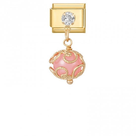 Picture of 1 Piece 304 Stainless Steel Exquisite Italian Charm Links For DIY Modular Bracelet Watch Jewelry Making, With Zinc Alloy Pendant Ball Pink Beaded Clear Rhinestone Gold Plated - Wholesale, 10mm x 9mm