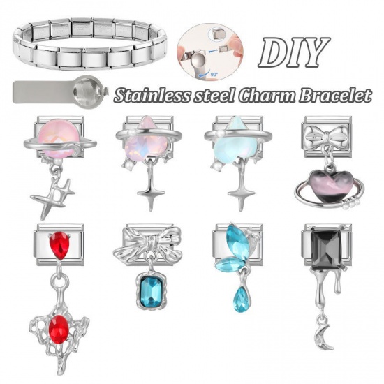 Picture of 1 Piece 304 Stainless Steel Exquisite Italian Charm Links For DIY Modular Bracelet Watch Jewelry Making, Rectangle Universe Planet Pink Silver Tone - Wholesale, 10mm x 9mm