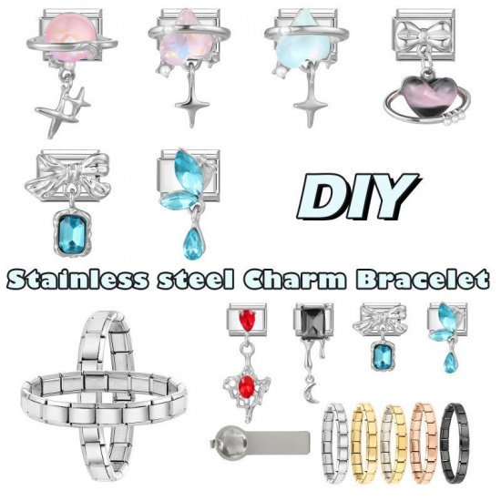Picture of 1 Piece 304 Stainless Steel Exquisite Italian Charm Links For DIY Modular Bracelet Watch Jewelry Making, Rectangle Universe Planet Pink Silver Tone - Wholesale, 10mm x 9mm