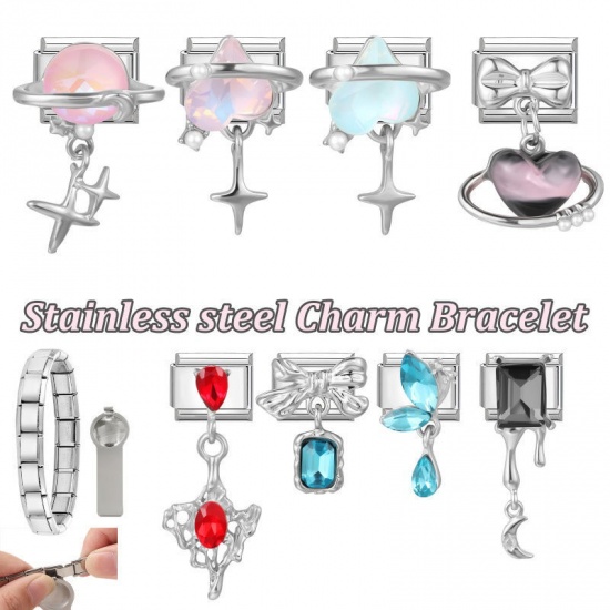 Picture of 1 Piece 304 Stainless Steel Exquisite Italian Charm Links For DIY Modular Bracelet Watch Jewelry Making, Rectangle Universe Planet Pink Silver Tone - Wholesale, 10mm x 9mm