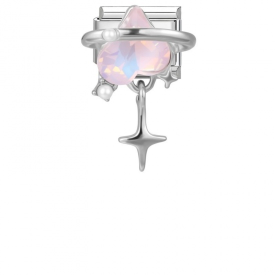 Picture of 1 Piece 304 Stainless Steel Valentine's Day Italian Charm Links For DIY Modular Bracelet Watch Jewelry Making, Rectangle Universe Planet Light Pink Silver Tone - Wholesale, 10mm x 9mm