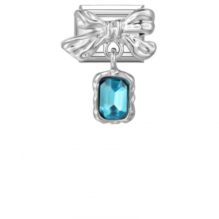 Picture of 1 Piece 304 Stainless Steel Exquisite Italian Charm Links For DIY Modular Bracelet Watch Jewelry Making, Rectangle Bowknot Green Blue Rhinestone Silver Tone - Wholesale, 10mm x 9mm