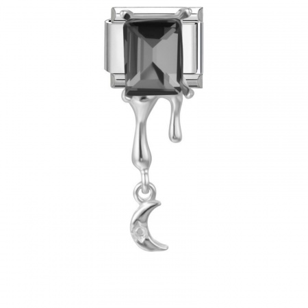 Picture of 1 Piece 304 Stainless Steel Exquisite Italian Charm Links For DIY Modular Bracelet Watch Jewelry Making, Rectangle Moon Gray Rhinestone Silver Tone - Wholesale, 10mm x 9mm