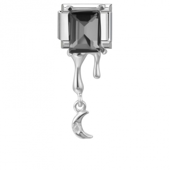 Picture of 1 Piece 304 Stainless Steel Exquisite Italian Charm Links For DIY Modular Bracelet Watch Jewelry Making, Rectangle Moon Gray Rhinestone Silver Tone - Wholesale, 10mm x 9mm