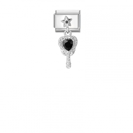 Picture of 1 Piece 304 Stainless Steel Valentine's Day Italian Charm Links For DIY Modular Bracelet Watch Jewelry Making, Rectangle Star Black Rhinestone Silver Tone - Wholesale, 10mm x 9mm