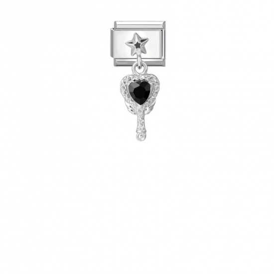 Picture of 1 Piece 304 Stainless Steel Valentine's Day Italian Charm Links For DIY Modular Bracelet Watch Jewelry Making, Rectangle Star Black Rhinestone Silver Tone - Wholesale, 10mm x 9mm