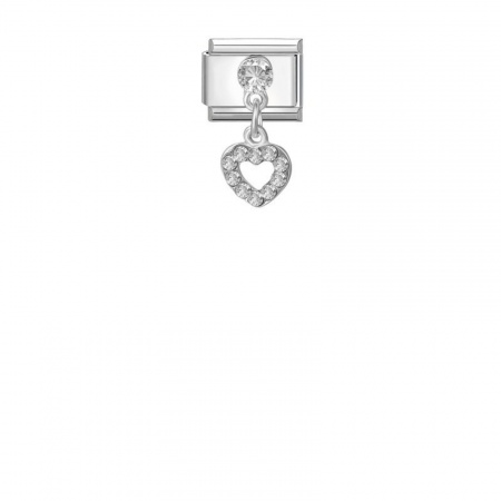 Picture of 1 Piece 304 Stainless Steel Valentine's Day Italian Charm Links For DIY Modular Bracelet Watch Jewelry Making, Rectangle Heart Clear Rhinestone Silver Tone - Wholesale, 10mm x 9mm