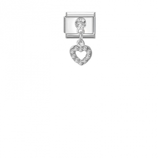 Picture of 1 Piece 304 Stainless Steel Valentine's Day Italian Charm Links For DIY Modular Bracelet Watch Jewelry Making, Rectangle Heart Clear Rhinestone Silver Tone - Wholesale, 10mm x 9mm