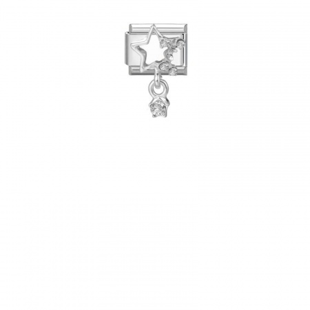 Picture of 1 Piece 304 Stainless Steel Exquisite Italian Charm Links For DIY Modular Bracelet Watch Jewelry Making, Rectangle Star Clear Rhinestone Silver Tone - Wholesale, 10mm x 9mm