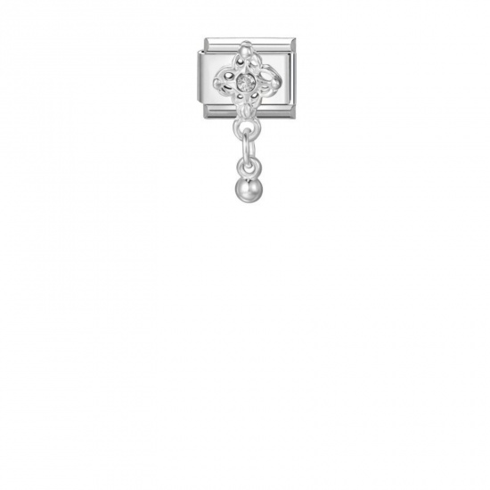 Picture of 1 Piece 304 Stainless Steel Exquisite Italian Charm Links For DIY Modular Bracelet Watch Jewelry Making, Rectangle Flower Clear Rhinestone Silver Tone - Wholesale, 10mm x 9mm