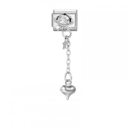 Picture of 1 Piece 304 Stainless Steel Valentine's Day Italian Charm Links For DIY Modular Bracelet Watch Jewelry Making, Rectangle Heart Clear Rhinestone Silver Tone - Wholesale, 10mm x 9mm