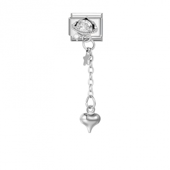 Picture of 1 Piece 304 Stainless Steel Valentine's Day Italian Charm Links For DIY Modular Bracelet Watch Jewelry Making, Rectangle Heart Clear Rhinestone Silver Tone - Wholesale, 10mm x 9mm