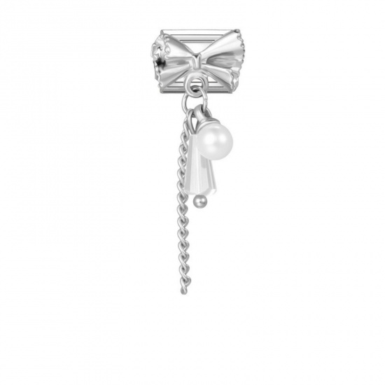 Picture of 1 Piece 304 Stainless Steel Exquisite Italian Charm Links For DIY Modular Bracelet Watch Jewelry Making, Rectangle Bowknot Silver Tone - Wholesale, 10mm x 9mm