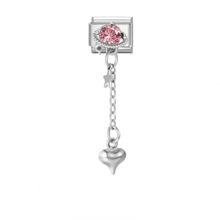 Picture of 1 Piece 304 Stainless Steel Valentine's Day Italian Charm Links For DIY Modular Bracelet Watch Jewelry Making, Rectangle Heart Pink Rhinestone Silver Tone - Wholesale, 10mm x 9mm
