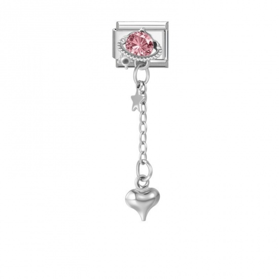Picture of 1 Piece 304 Stainless Steel Valentine's Day Italian Charm Links For DIY Modular Bracelet Watch Jewelry Making, Rectangle Heart Pink Rhinestone Silver Tone - Wholesale, 10mm x 9mm