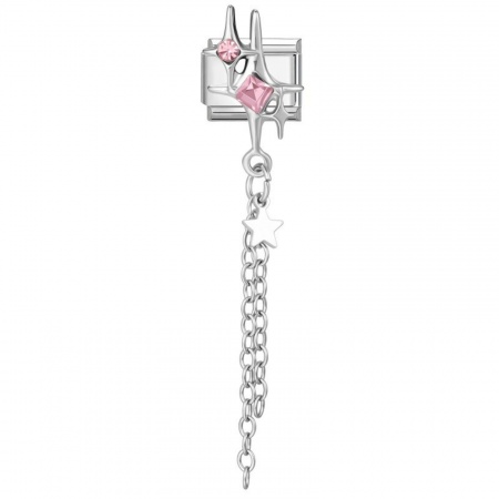 Picture of 1 Piece 304 Stainless Steel Exquisite Italian Charm Links For DIY Modular Bracelet Watch Jewelry Making, Rectangle Star Pink Rhinestone Silver Tone - Wholesale, 10mm x 9mm