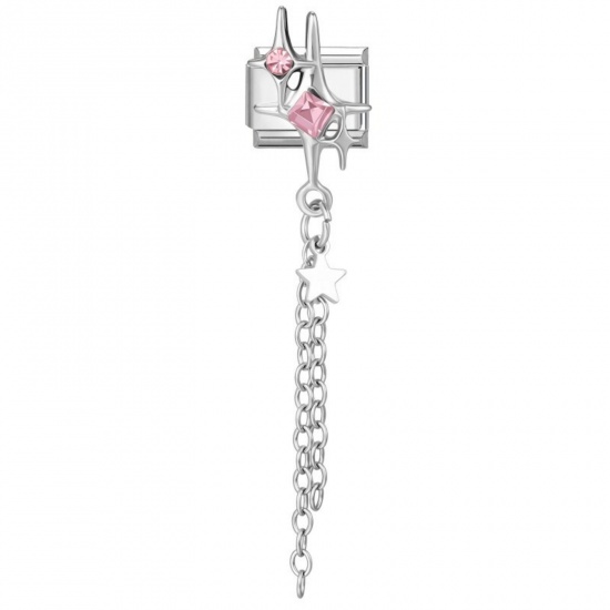 Picture of 1 Piece 304 Stainless Steel Exquisite Italian Charm Links For DIY Modular Bracelet Watch Jewelry Making, Rectangle Star Pink Rhinestone Silver Tone - Wholesale, 10mm x 9mm