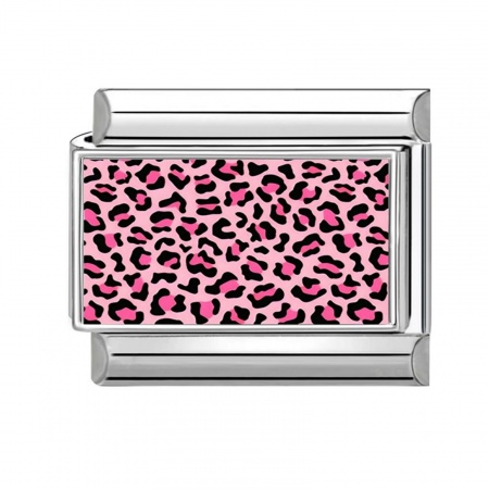 Picture of 1 Piece 304 Stainless Steel Punk Italian Charm Links For DIY Modular Bracelet Watch Jewelry Making, Rectangle Leopard Print Pink Silver Tone - Wholesale, 10mm x 9mm