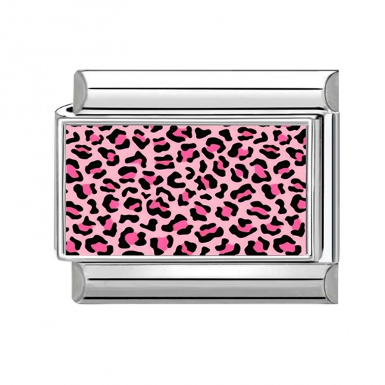 Picture of 1 Piece 304 Stainless Steel Punk Italian Charm Links For DIY Modular Bracelet Watch Jewelry Making, Rectangle Leopard Print Pink Silver Tone - Wholesale, 10mm x 9mm