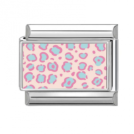Picture of 1 Piece 304 Stainless Steel Punk Italian Charm Links For DIY Modular Bracelet Watch Jewelry Making, Rectangle Leopard Print Blue & Pink Silver Tone - Wholesale, 10mm x 9mm