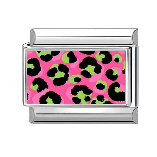 Picture of 1 Piece 304 Stainless Steel Punk Italian Charm Links For DIY Modular Bracelet Watch Jewelry Making, Rectangle Leopard Print Fuchsia & Green Silver Tone - Wholesale, 10mm x 9mm