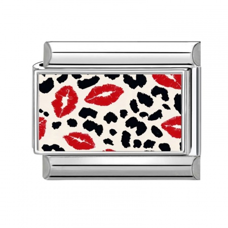 Picture of 1 Piece 304 Stainless Steel Punk Italian Charm Links For DIY Modular Bracelet Watch Jewelry Making, Rectangle Leopard Print Black & Red Silver Tone - Wholesale, 10mm x 9mm