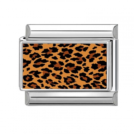 Picture of 1 Piece 304 Stainless Steel Punk Italian Charm Links For DIY Modular Bracelet Watch Jewelry Making, Rectangle Leopard Print Orange Silver Tone - Wholesale, 10mm x 9mm
