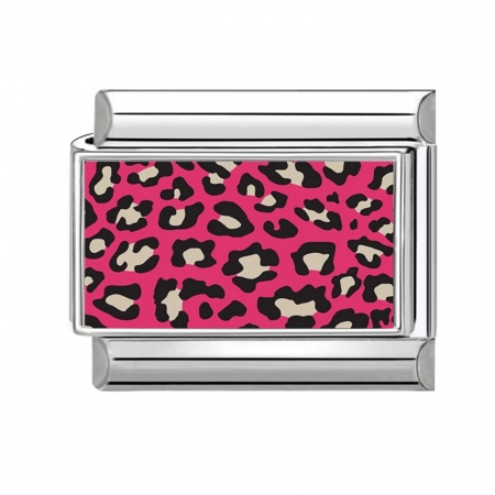Picture of 1 Piece 304 Stainless Steel Punk Italian Charm Links For DIY Modular Bracelet Watch Jewelry Making, Rectangle Leopard Print Fuchsia & Black Silver Tone - Wholesale, 10mm x 9mm
