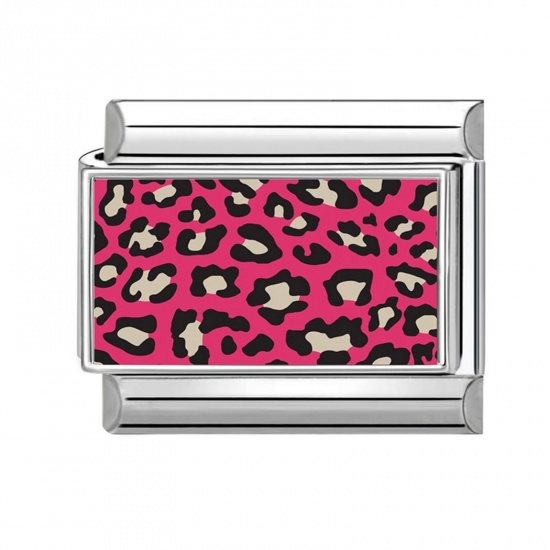 Picture of 1 Piece 304 Stainless Steel Punk Italian Charm Links For DIY Modular Bracelet Watch Jewelry Making, Rectangle Leopard Print Fuchsia & Black Silver Tone - Wholesale, 10mm x 9mm