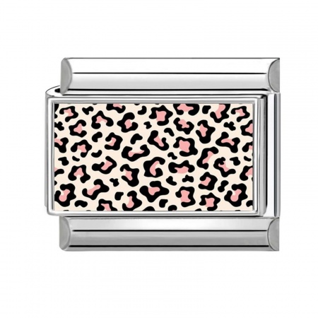Picture of 1 Piece 304 Stainless Steel Punk Italian Charm Links For DIY Modular Bracelet Watch Jewelry Making, Rectangle Leopard Print Creamy-White & Pink Silver Tone - Wholesale, 10mm x 9mm