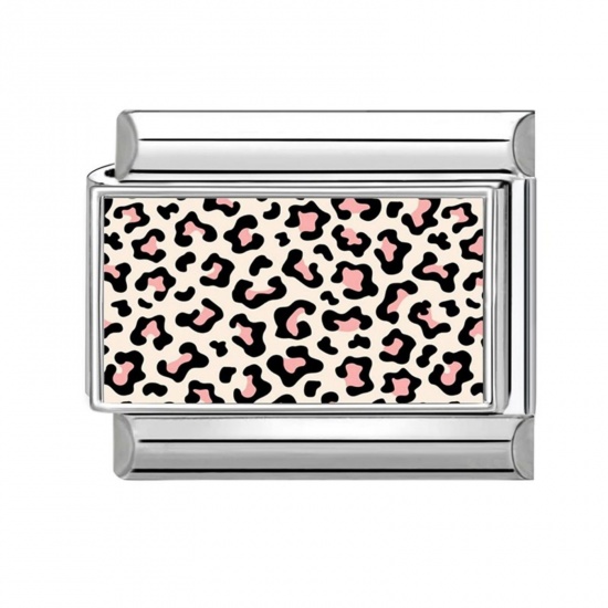 Picture of 1 Piece 304 Stainless Steel Punk Italian Charm Links For DIY Modular Bracelet Watch Jewelry Making, Rectangle Leopard Print Creamy-White & Pink Silver Tone - Wholesale, 10mm x 9mm