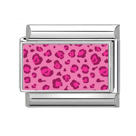 Picture of 1 Piece 304 Stainless Steel Punk Italian Charm Links For DIY Modular Bracelet Watch Jewelry Making, Rectangle Leopard Print Fuchsia Silver Tone - Wholesale, 10mm x 9mm