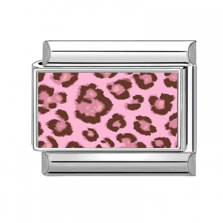 Picture of 1 Piece 304 Stainless Steel Punk Italian Charm Links For DIY Modular Bracelet Watch Jewelry Making, Rectangle Leopard Print Pink & Khaki Silver Tone - Wholesale, 10mm x 9mm