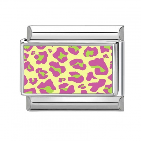 Picture of 1 Piece 304 Stainless Steel Punk Italian Charm Links For DIY Modular Bracelet Watch Jewelry Making, Rectangle Leopard Print Yellow & Purple Silver Tone - Wholesale, 10mm x 9mm