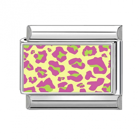Picture of 1 Piece 304 Stainless Steel Punk Italian Charm Links For DIY Modular Bracelet Watch Jewelry Making, Rectangle Leopard Print Yellow & Purple Silver Tone - Wholesale, 10mm x 9mm