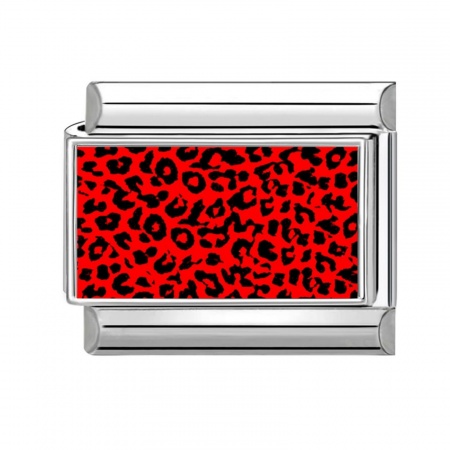 Picture of 1 Piece 304 Stainless Steel Punk Italian Charm Links For DIY Modular Bracelet Watch Jewelry Making, Rectangle Leopard Print Red Silver Tone - Wholesale, 10mm x 9mm