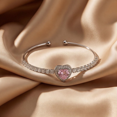 Picture of Wholesale Heart Pink & Clear Rhinestone Brass Open Cuff Bangles Bracelets, Platinum Plated Women's Stylish Exquisite Gift Jewelry Supply, 6cm Dia., 1 Piece