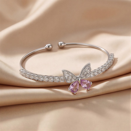 Picture of Wholesale Butterfly Pink & Clear Rhinestone Brass Open Cuff Bangles Bracelets, Platinum Plated Women's Stylish Exquisite Gift Jewelry Supply, 6cm Dia., 1 Piece