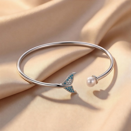 Picture of Wholesale Fishtail White Imitation Pearl Blue Rhinestone Brass Open Cuff Bangles Bracelets, Platinum Plated Women's Stylish Exquisite Gift Jewelry Supply, 6cm Dia., 1 Piece
