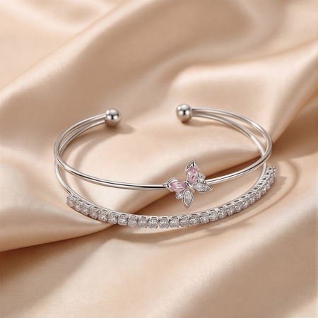 Picture of Wholesale Butterfly Pink & Clear Rhinestone Brass Open Cuff Bangles Bracelets, Platinum Plated Women's Stylish Exquisite Gift Jewelry Supply, 6cm Dia., 1 Piece