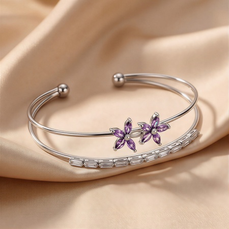 Picture of Wholesale Flower Purple & Transparent Rhinestone Brass Open Cuff Bangles Bracelets, Platinum Plated Women's Stylish Exquisite Gift Jewelry Supply, 6cm Dia., 1 Piece